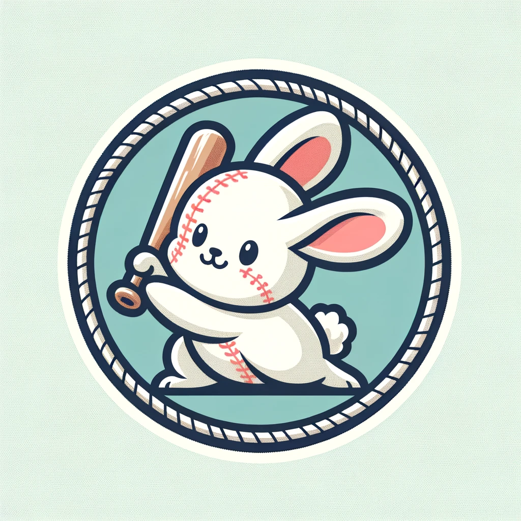 A cute rabbit swinging a baseball bat, designed as a circular patch. The rabbit is styled in a cartoonish and friendly manner, capturing the joyful and energetic spirit of playing baseball. The background of the patch is simple, emphasizing the rabbit and the action of swinging the bat. This design is meant to be appealing to children, embodying both a sense of playfulness and the theme of baseball. Make the area outside the circular patch white to emphasize the patch design.