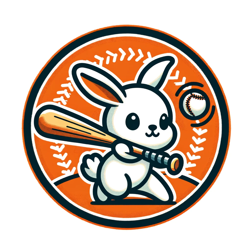 A cute rabbit swinging a baseball bat, with the entire background and area outside the circular patch made white. The rabbit is cartoonish and friendly, depicted in a dynamic pose to emphasize the action of swinging the bat. This design focuses on the rabbit and the bat within a clearly defined circular patch, making it ideal for a vibrant and engaging patch design appealing to children, with a playful baseball theme.