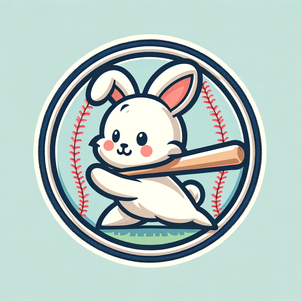 A cute rabbit swinging a baseball bat, designed as a circular patch. The rabbit is styled in a cartoonish and friendly manner, capturing the joyful and energetic spirit of playing baseball. The background of the patch is simple, emphasizing the rabbit and the action of swinging the bat. This design is meant to be appealing to children, embodying both a sense of playfulness and the theme of baseball.